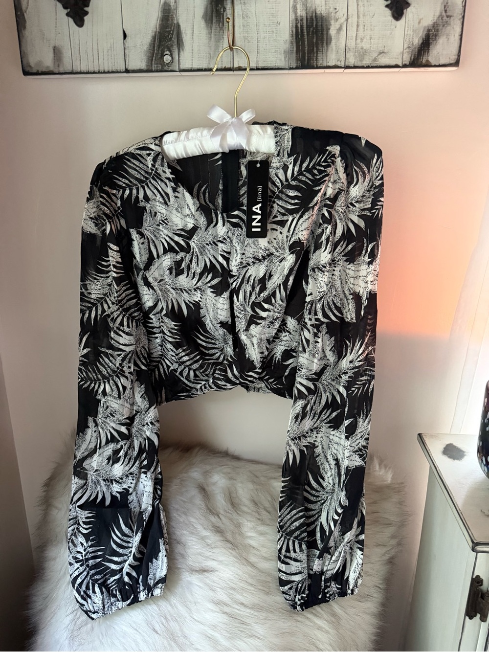 NWT INA Black And White Tropical Leaf Blouse